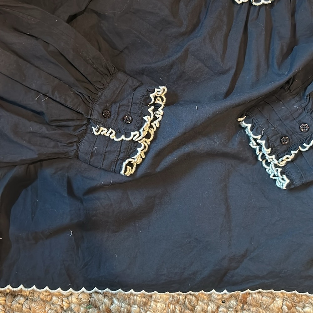 THE GREAT. Navy Blue Embroidered Peasant Blouse with White Trim - Picture 5 of 11